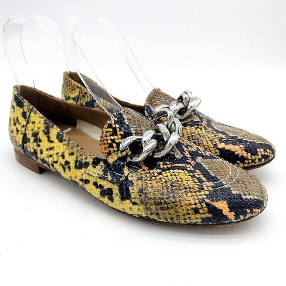 Donald Pliner Yellow Snakeskine Loafers Size 7 Flats Driving Moccasins Chain - Picture 1 of 9